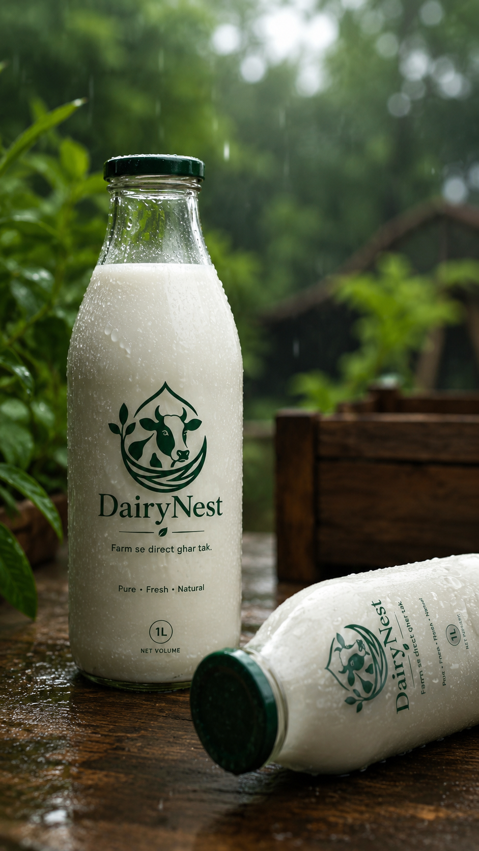 DairyNest premium glass milk bottle in the rain